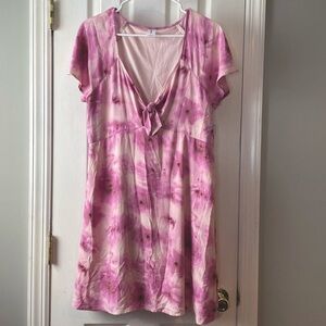 New Abound Dress Large Pink Tie Dye Mini Short‎ Sleeve Front Tie Keyhole Flowy